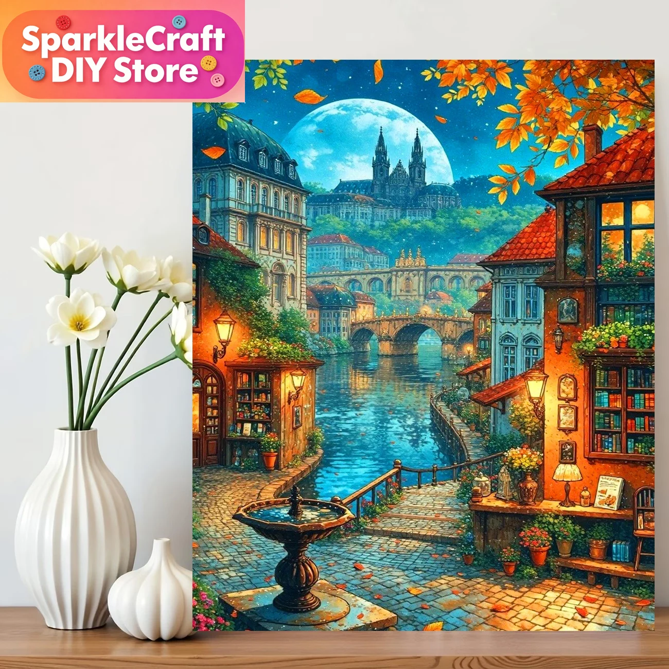 Art Craft Hobbies - ภาพวาดเพชรแบบไร้กรอบ 1 ชิ้น ภาพทิวทัศน์เมือง ชุดอุปกรณ์ครบชุด งานอดิเรกสร้างสรรค์