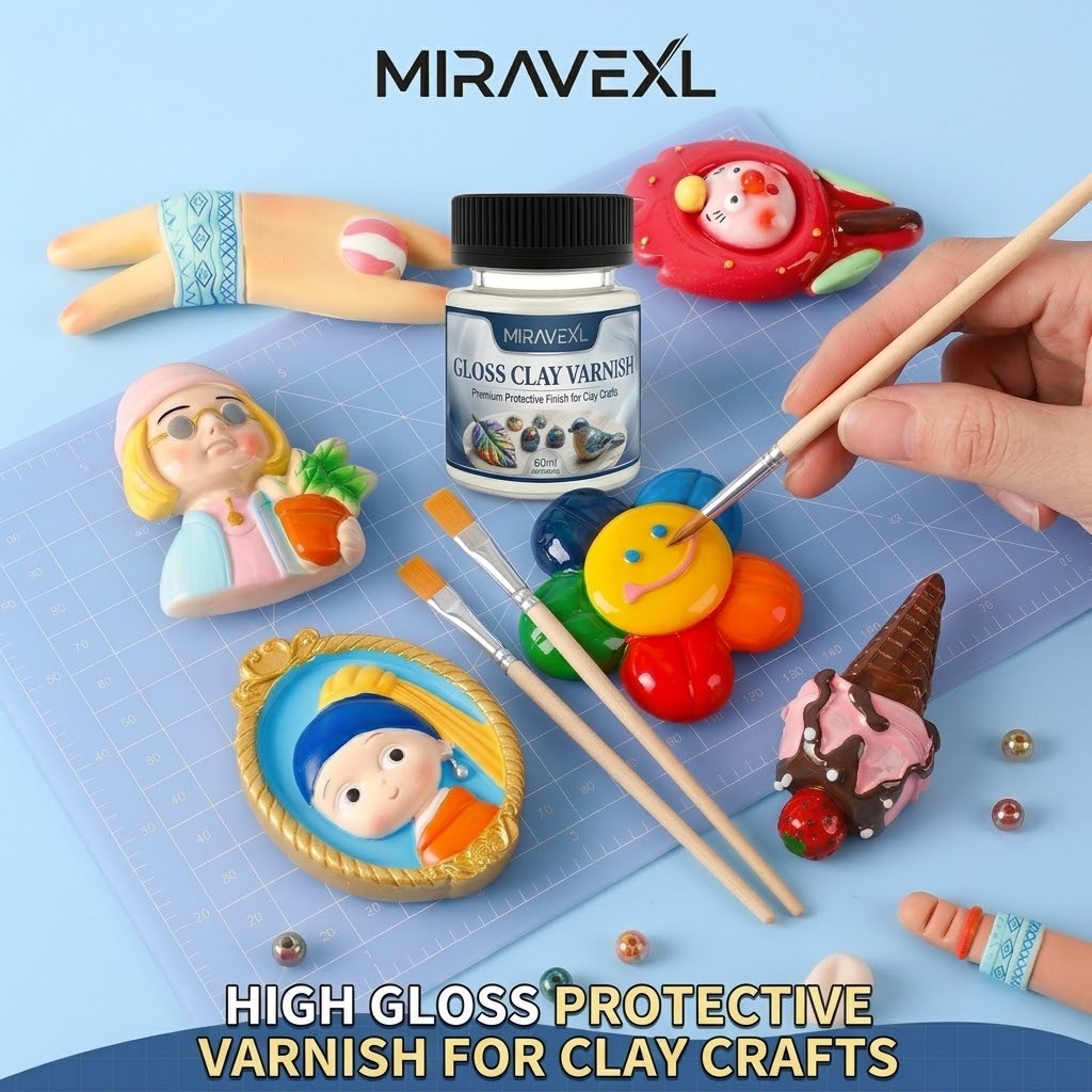 Air Dry Clay - เคลือบเงาแบบไฮกลอสพร้อมแปรง 2 ชิ้น, น้ำยาเคลือบเงา 60 มล.