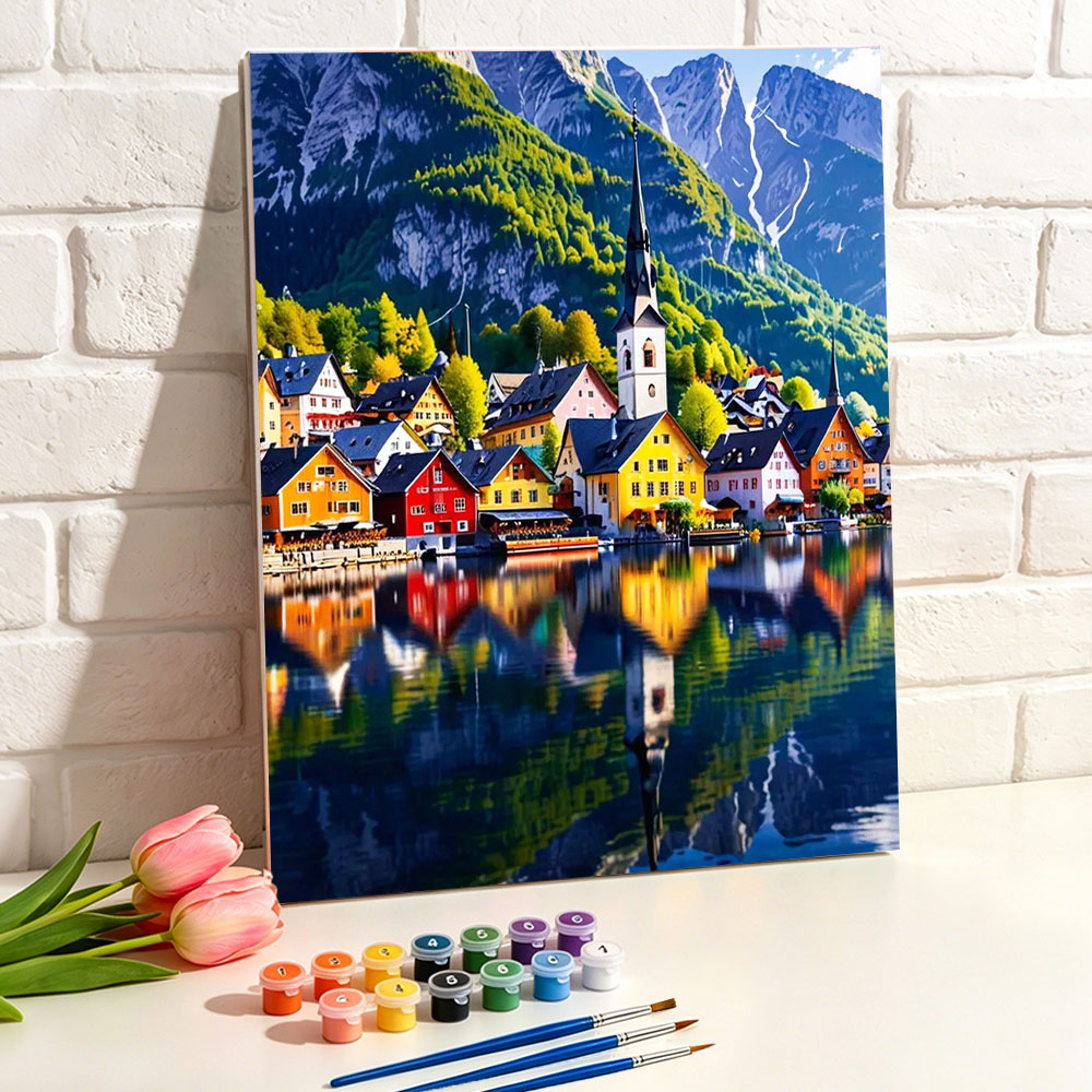 Art Craft Village - ชุดภาพวาดสีน้ำมันดิจิทัล DIY ภาพหมู่บ้านริมทะเลสาบหลากสีสัน ระบายสีตามตัวเลขบนผืนผ้าใบ ชุดศิลปะและงานฝีมือ ของขวัญ