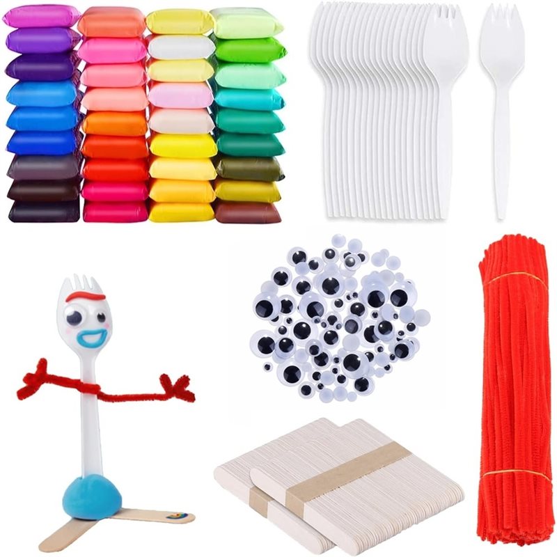 Air Dry Clay - ชุดทำส้อม DIY, ดินเหนียวแห้งเอง, ส้อมพลาสติก, ที่ทำความสะอาดท่อสีแดง, ไอศกรีมสติ๊ก